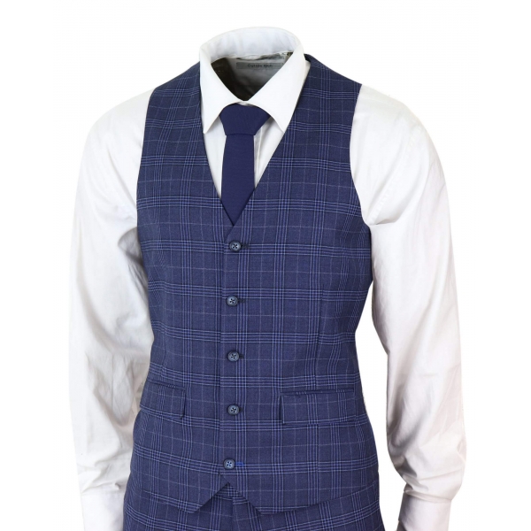 Mens Navy Blue Check 3 Piece Slim Fit Suit