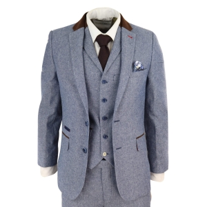 Men’s 3 Piece Suit – Blue with Brown Detailing