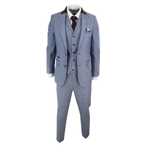 Men's 3 Piece Suit - Blue with Brown Detailing