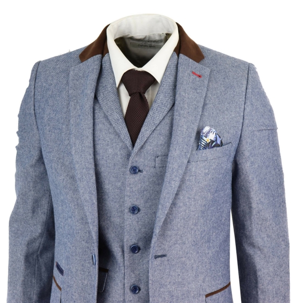 Men's 3 Piece Suit - Blue with Brown Detailing