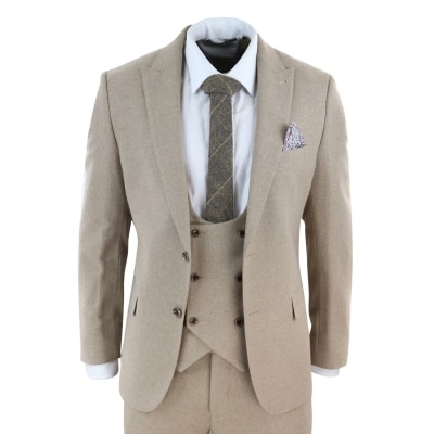 Men's Beige 3 Piece Wool Suit