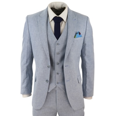 Men's Light Blue 3 Piece Linen Suit