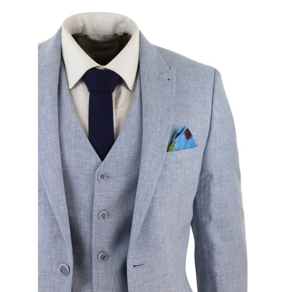 Men's Light Blue 3 Piece Linen Suit