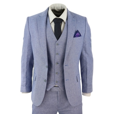 Men's Blue 3 Piece Linen Suit