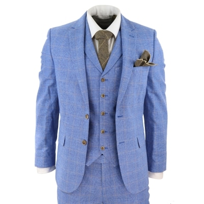 Men's Light Blue Linen 3 Piece Suit