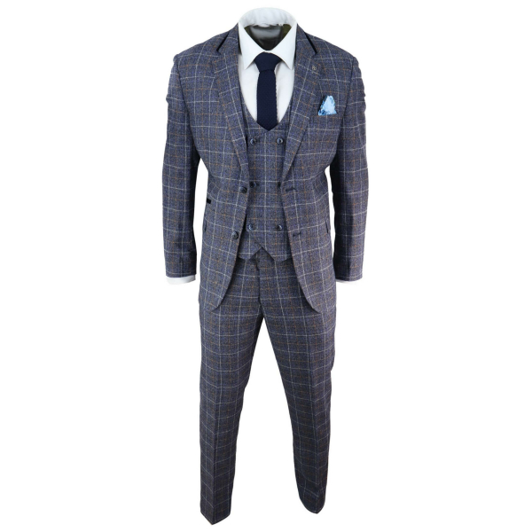 Mens Blue Tweed Check 3 Piece Suit