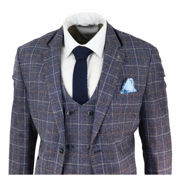 Mens Blue Tweed Check 3 Piece Suit