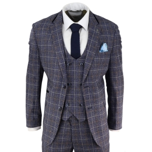 Mens Blue Tweed Check 3 Piece Suit