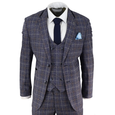 Mens Blue Tweed Check 3 Piece Suit