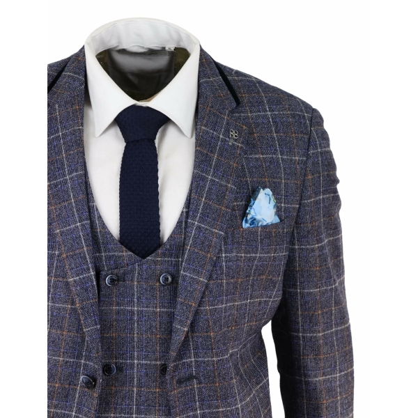 Mens Blue Tweed Check 3 Piece Suit