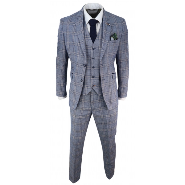 Mens Summer Blue Check 3 Piece Suit