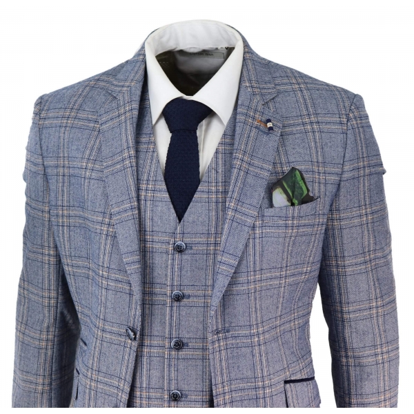 Mens Summer Blue Check 3 Piece Suit