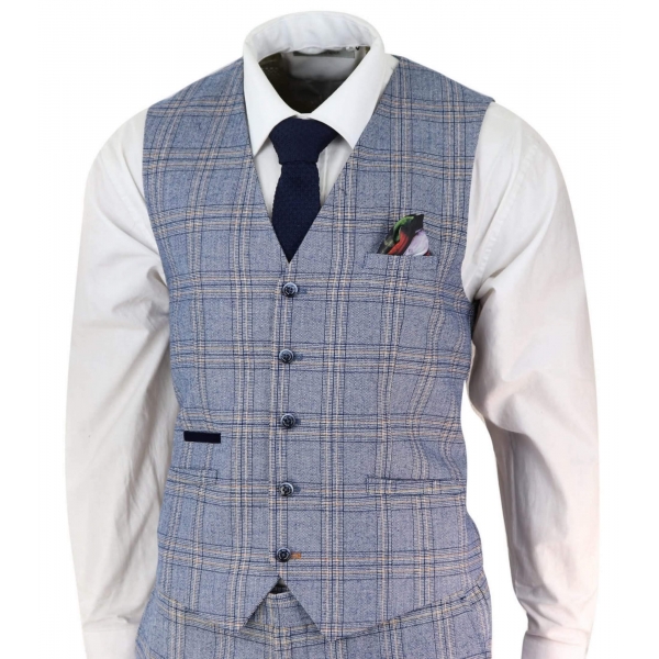 Mens Summer Blue Check 3 Piece Suit