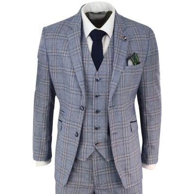 Mens Summer Blue Check 3 Piece Suit