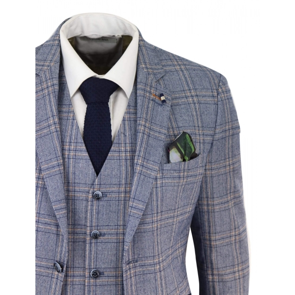 Mens Summer Blue Check 3 Piece Suit