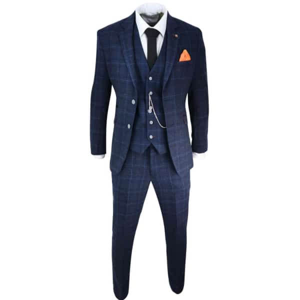 Mens Navy Blue Check 3 Piece Suit