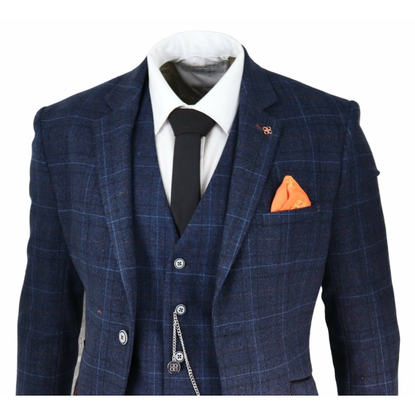 Mens Navy Blue Check 3 Piece Suit