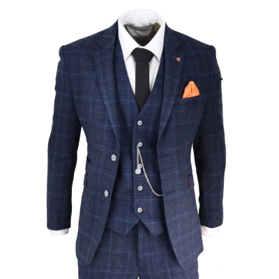 Mens Navy Blue Check 3 Piece Suit