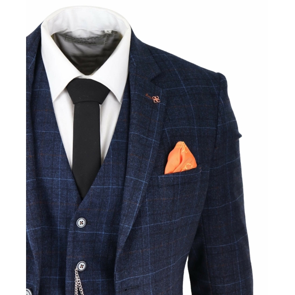 Mens Navy Blue Check 3 Piece Suit