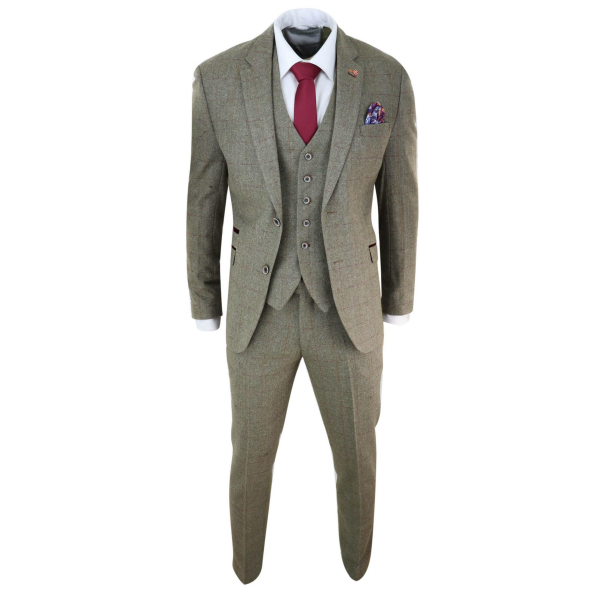 Mens Tweed Olive Green Check Suit