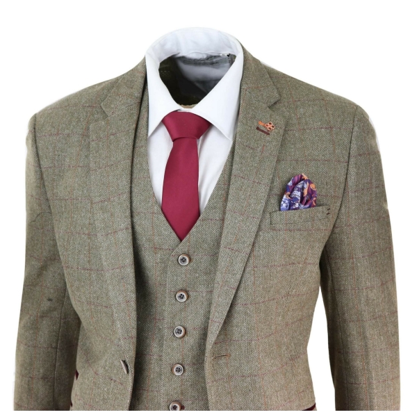 Mens Tweed Olive Green Check Suit