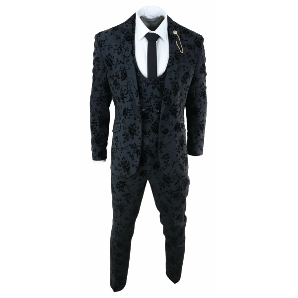 Mens Black 3 Piece Paisley Velvet Suit