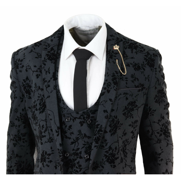 Mens Black 3 Piece Paisley Velvet Suit