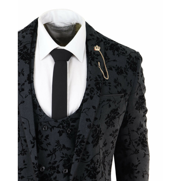 Mens Black 3 Piece Paisley Velvet Suit