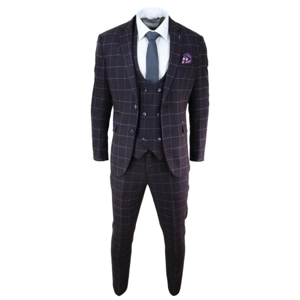 Mens Plum Check 3 Piece Suit