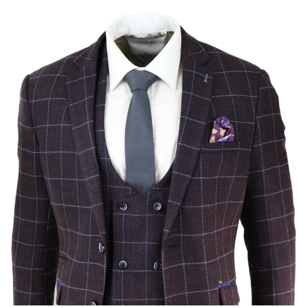 Mens Plum Check 3 Piece Suit