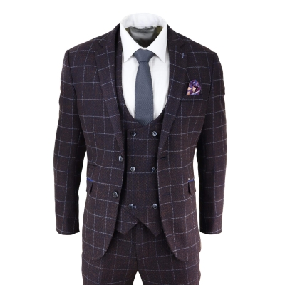 Mens Plum Check 3 Piece Suit