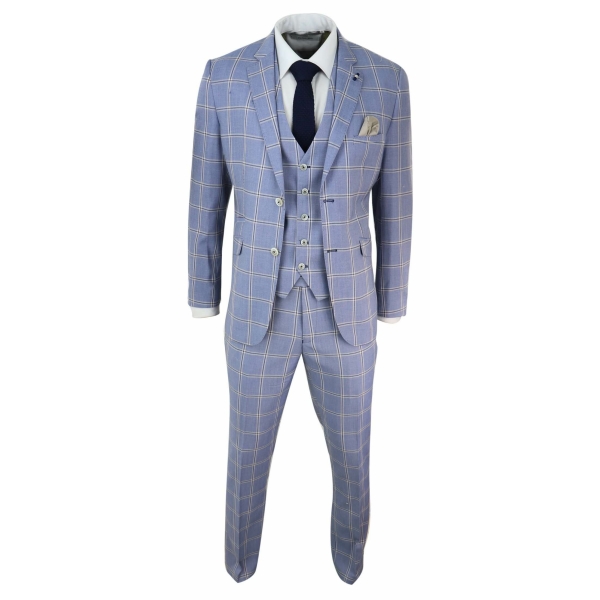 Mens 3 Piece Light Blue Check Suit