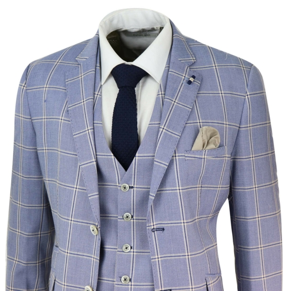 Mens 3 Piece Light Blue Check Suit