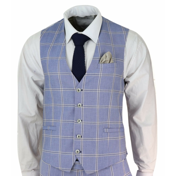 Mens 3 Piece Light Blue Check Suit