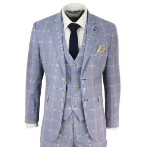 Mens 3 Piece Light Blue Check Suit