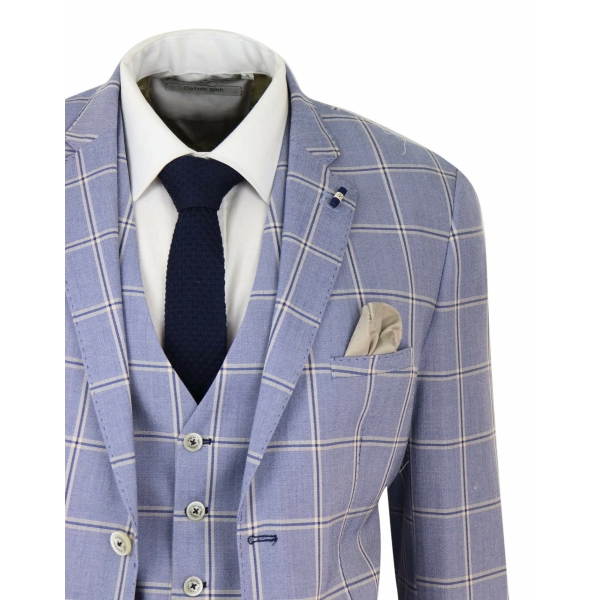 Mens 3 Piece Light Blue Check Suit