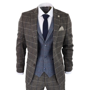 Mens Oak Brown 3 Piece Suit with Contrasting Blue Waistcoat