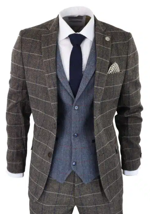 Mens Oak Brown 3 Piece Suit with Contrasting Blue Waistcoat