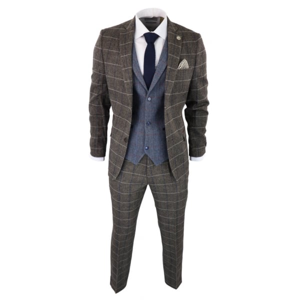 Mens Oak Brown 3 Piece Suit with Contrasting Blue Waistcoat