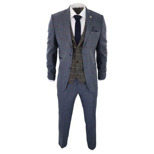 Mens Blue 3 Piece Suit with Contrasting Oak Brown Waistcoat