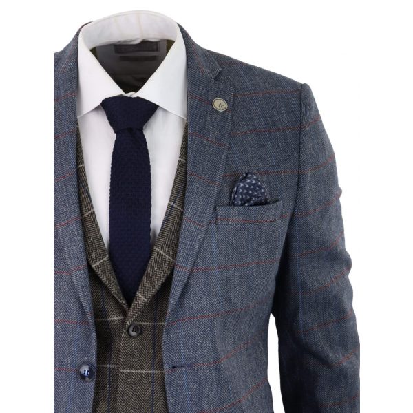 Mens Blue 3 Piece Suit with Contrasting Oak Brown Waistcoat