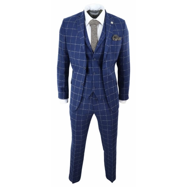 Mens Blue - Grey Check Tweed 3 Piece Suit