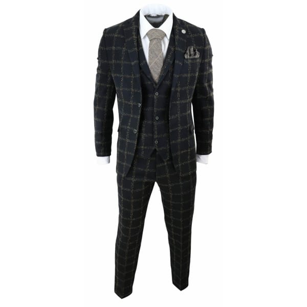 Mens Black - Tan Check Tweed 3 Piece Suit