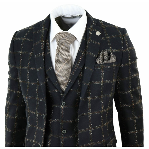 Mens Black - Tan Check Tweed 3 Piece Suit