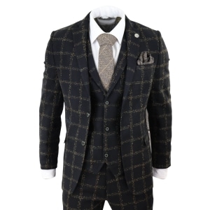 Mens Black – Tan Check Tweed 3 Piece Suit