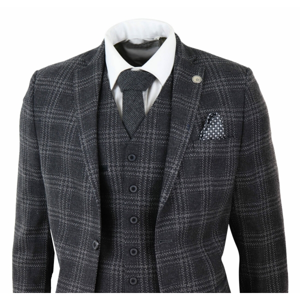 Mens Charcoal-Grey Check Tweed 3 Piece Suit