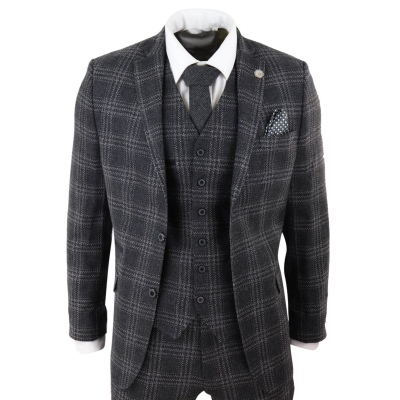 Mens Charcoal-Grey Check Tweed 3 Piece Suit