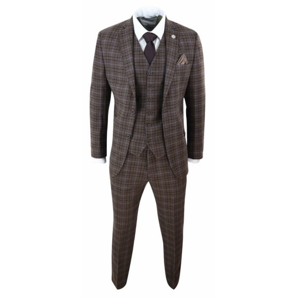 Mens 3 Piece Brown Check Tweed Suit