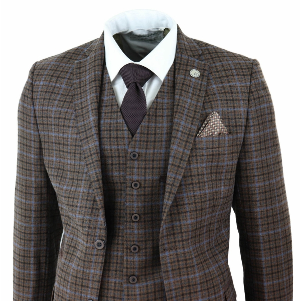 Mens 3 Piece Brown Check Tweed Suit