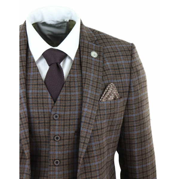 Mens 3 Piece Brown Check Tweed Suit